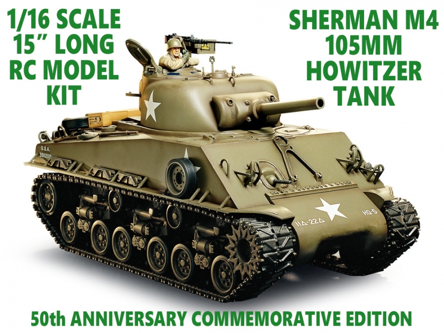 Sherman M4 105MM Howitzer Tank 1/16 Scale RC Model Kit by Tamiya Japan - Click Image to Close