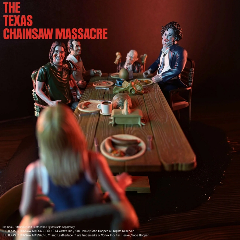 Texas Chainsaw Massacre (1974) COMPLETE Dinner Scene Playset! (Includes Grandpa, Sally, Cook, Hitchhiker and Pretty Leatherface Figures) - Click Image to Close