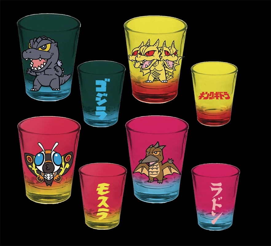 Godzilla Chibi 4 Piece Shot Glass Set Mothra Ghidorah Rodan - Click Image to Close