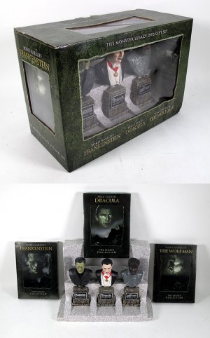 Universal Monsters Legacy Busts and DVD Set 2004 Dracula, Frankenstein and The Wolf Man