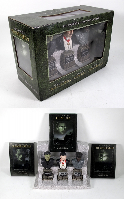 Universal Monsters Legacy Busts and DVD Set 2004 Dracula, Frankenstein and The Wolf Man - Click Image to Close