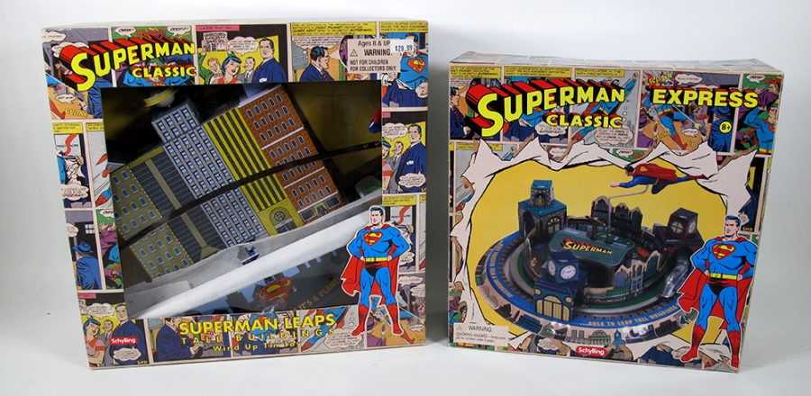 Superman Schylling Superman Leaps and Superman Express Litho Tin Wind-up Toy Set - Click Image to Close