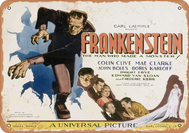 Frankenstein with Cast 1931 10" X 14" Metal Sign Boris Karloff - Click Image to Close