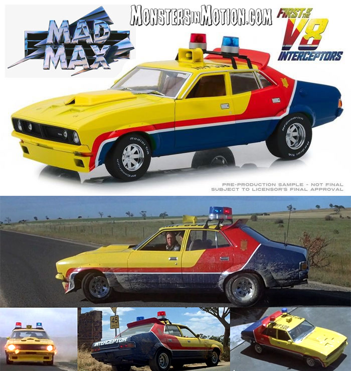 First of the V8 Interceptors 1/18 Scale Diecast Replica Ford Falcon XB 4-Door Sedan M.F.P. Yellow from Mad Max - Click Image to Close